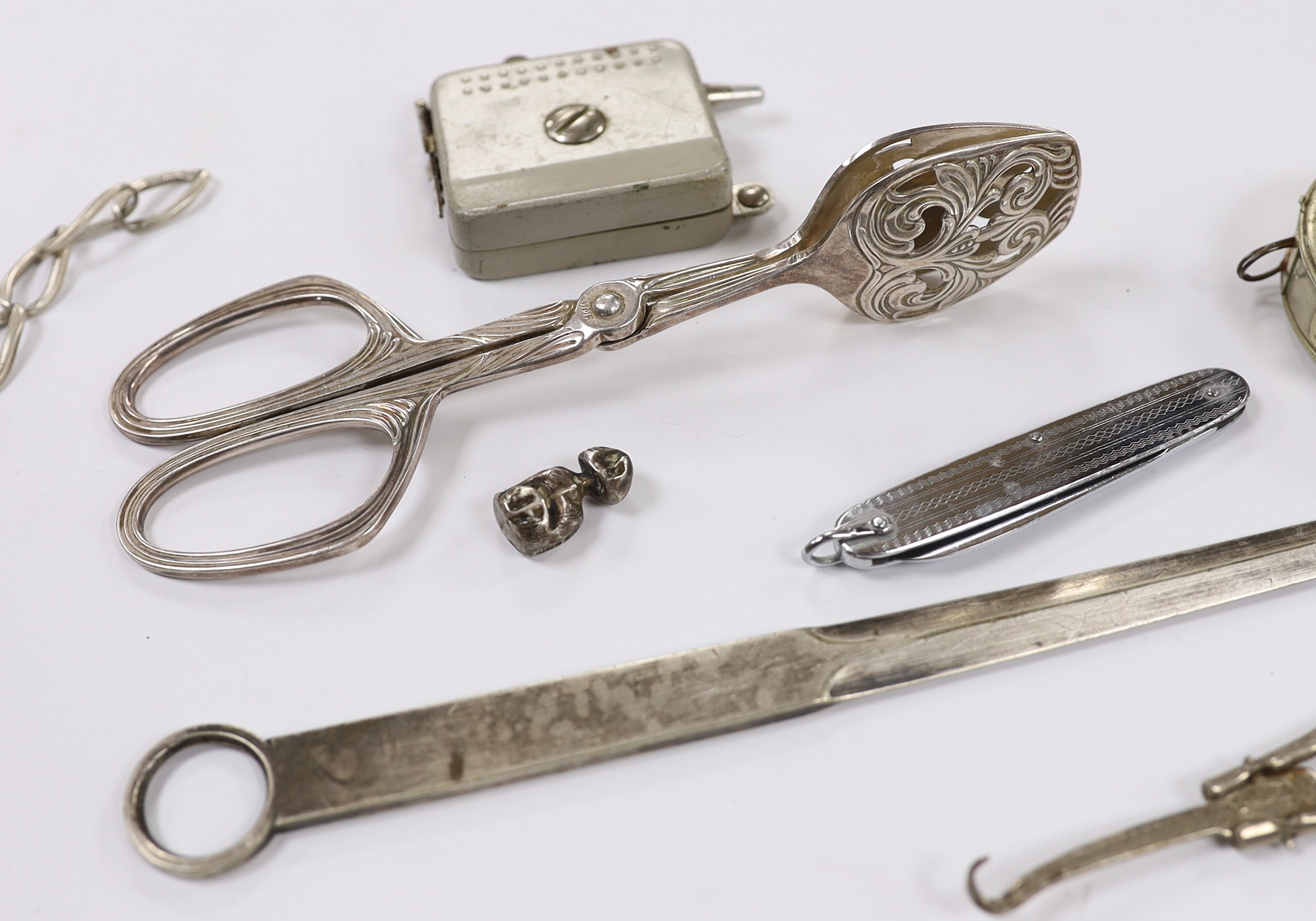 A Chestermans cattle gauge, WMF sugar nips and other various collectables including silver